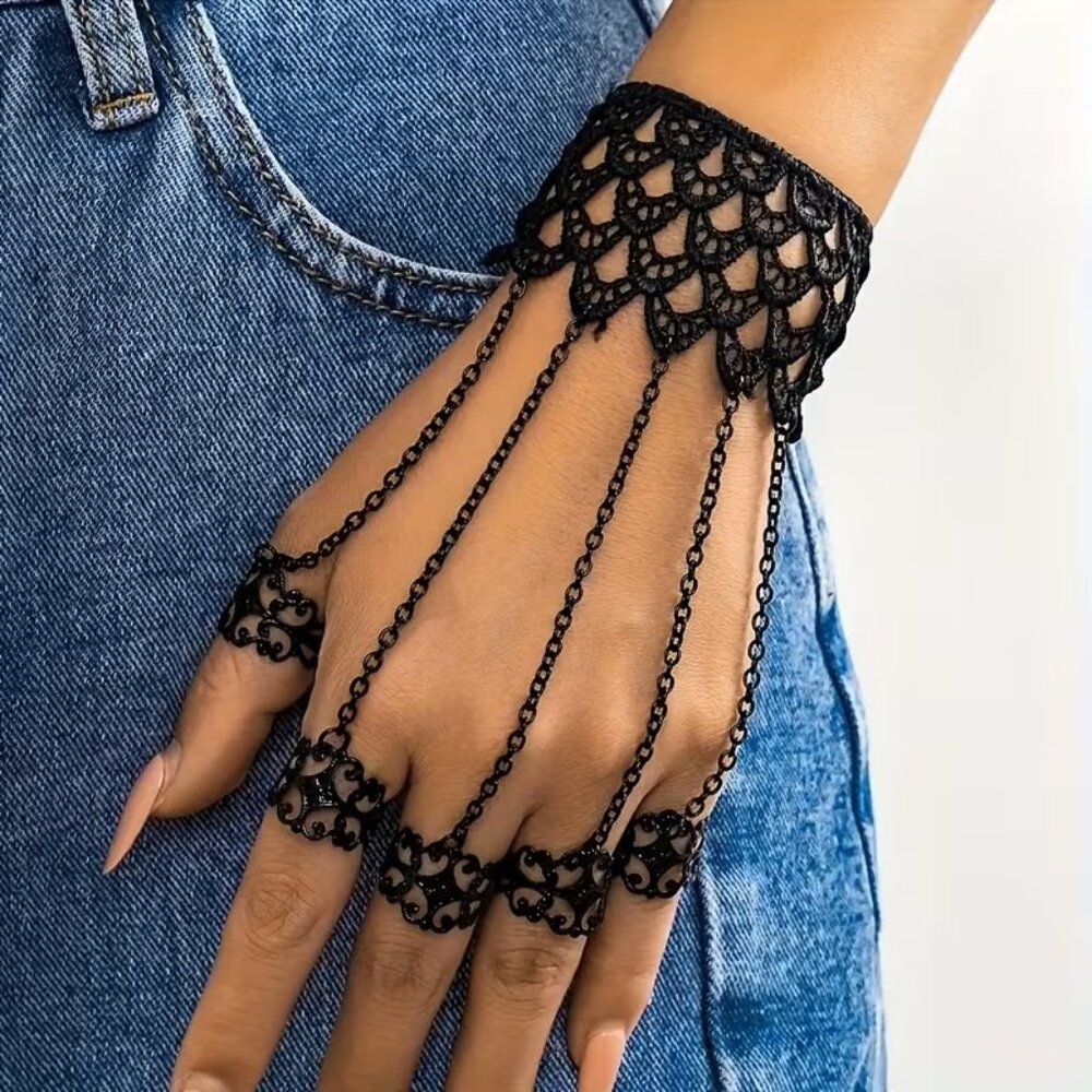 Hand Chain Finger Rings Bracelet Sexy Goth Edgy Metal Lace Stylish Trendy Vamp